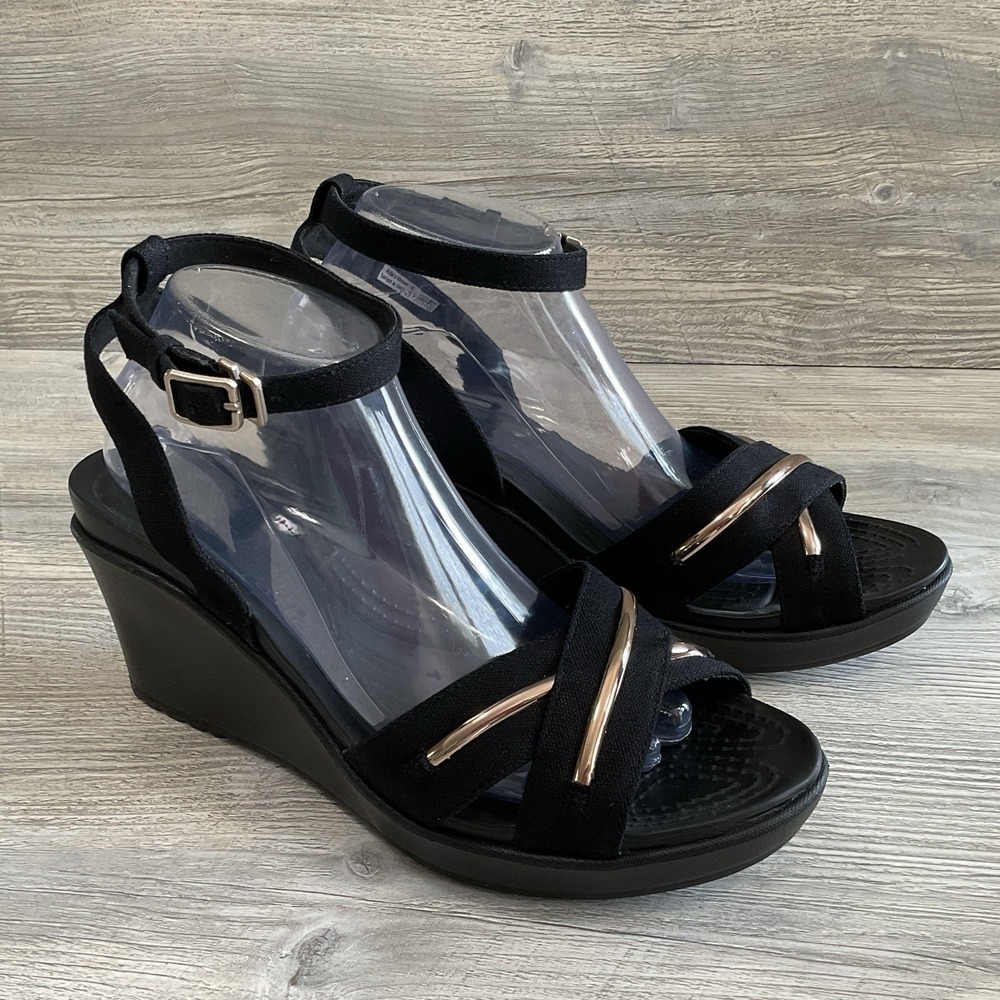 Crocs Leigh II Womens Size 11 CrossStrap Metalblock Ankle Wedge Black Sandals